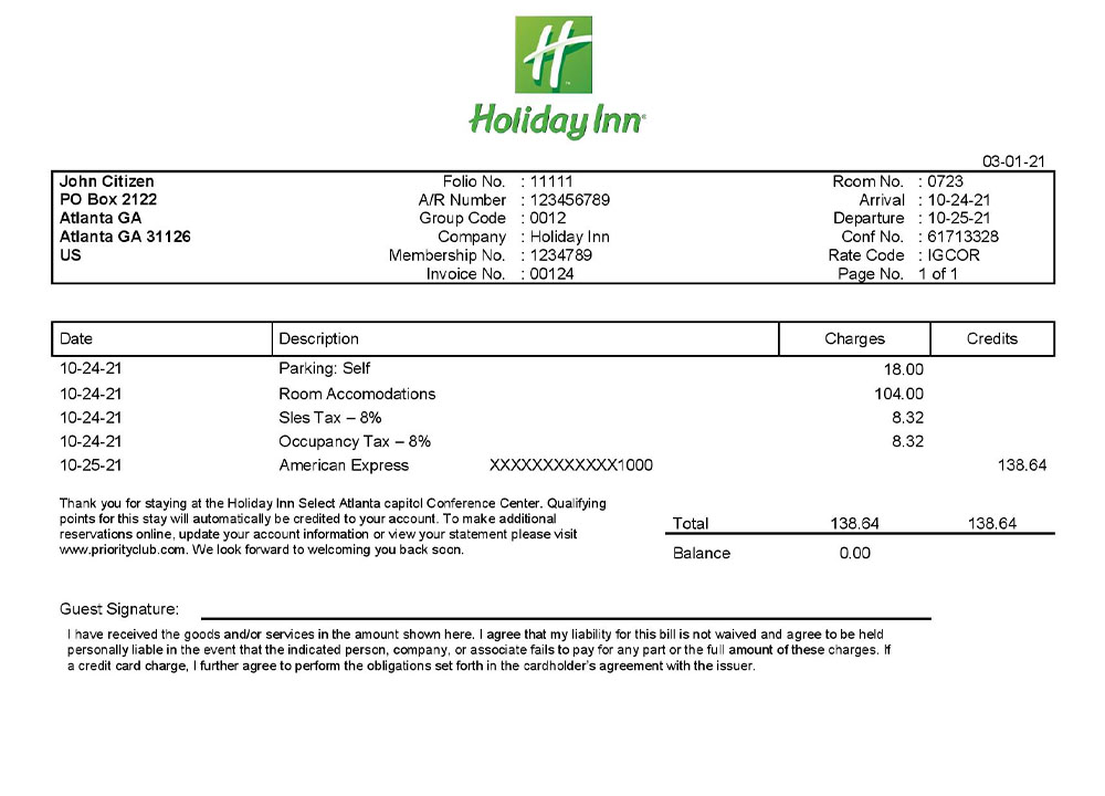 USA Holiday Inn InterContinental Hotels Group invoice template PSD template